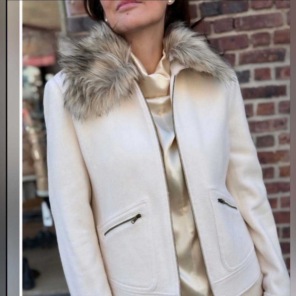 NWT Lauren Ralph Lauren Cream Wool Jacket Removable Faux Fur Collar Small Zip - Picture 11 of 16